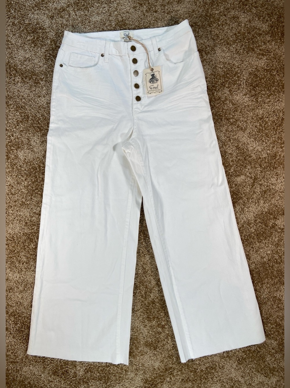 Easel Bright White High Rise Wide Leg Cropped Jeans Raw Hem Button Fly Size L